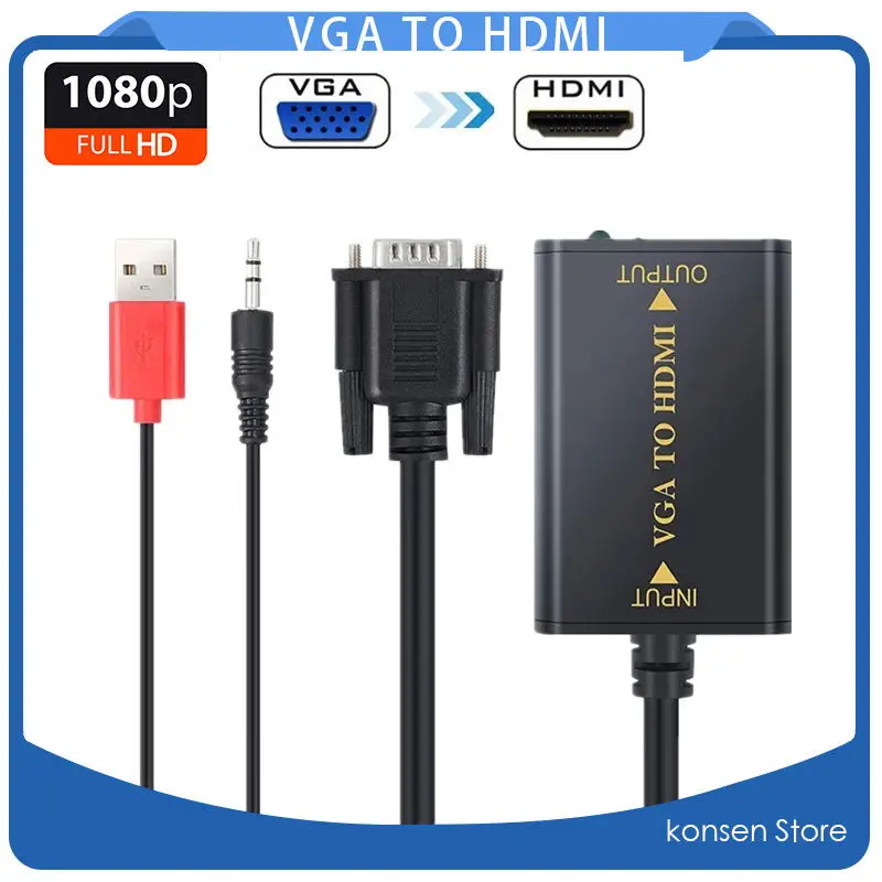

Quality Portable Plug and play VGA To HDMI Output 1080P HD Audio TV AV HDTV PC Video Cable VGA2HDMI Converter Adapter