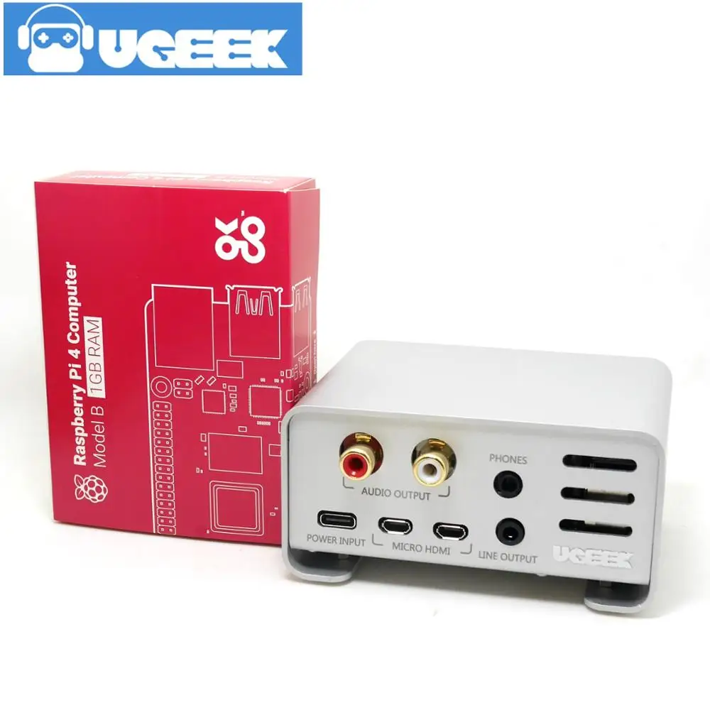 Aoide UGEEK DAC II Hifi звуковая карта+ Raspberry Pi 4 Модель B(1 ГБ Оперативная память)+ алюминиевый корпус комплект | ES9018K2M | 384 кГц/32-бит | DSD Формат | 4B - Цвет: DAC IIandPi4and case