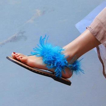 

Fur Slippers Women Fur Slides Outdoor Furry Plat With Sandals Female Fluffy House Shoes Real feather Flat Shoes Fashion 2020