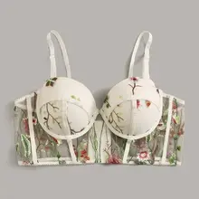 Женский бюстгальтер без косточек с вышивкой, пуш-ап, цветочный бюстгальтер, нижнее белье, укороченные топы