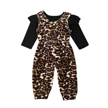 НОВЫЕ комплекты одежды с леопардовым принтом для маленьких девочек хлопковые детские футболки с длинными рукавами+ Рабочий Комбинезон, костюмы