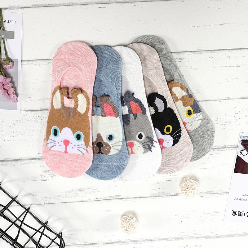 5 пар, модные женские Носки с рисунком собаки, кошки, хлопковые короткие носки-башмачки, удобные и дышащие носки с низким вырезом, мягкие носки, PW33