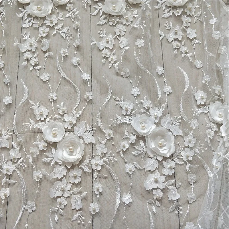 Высококачественная 3d Цветочная вышитая бисером атласная кружевная ткань 130 см детская одежда свадебное платье DIY аксессуары