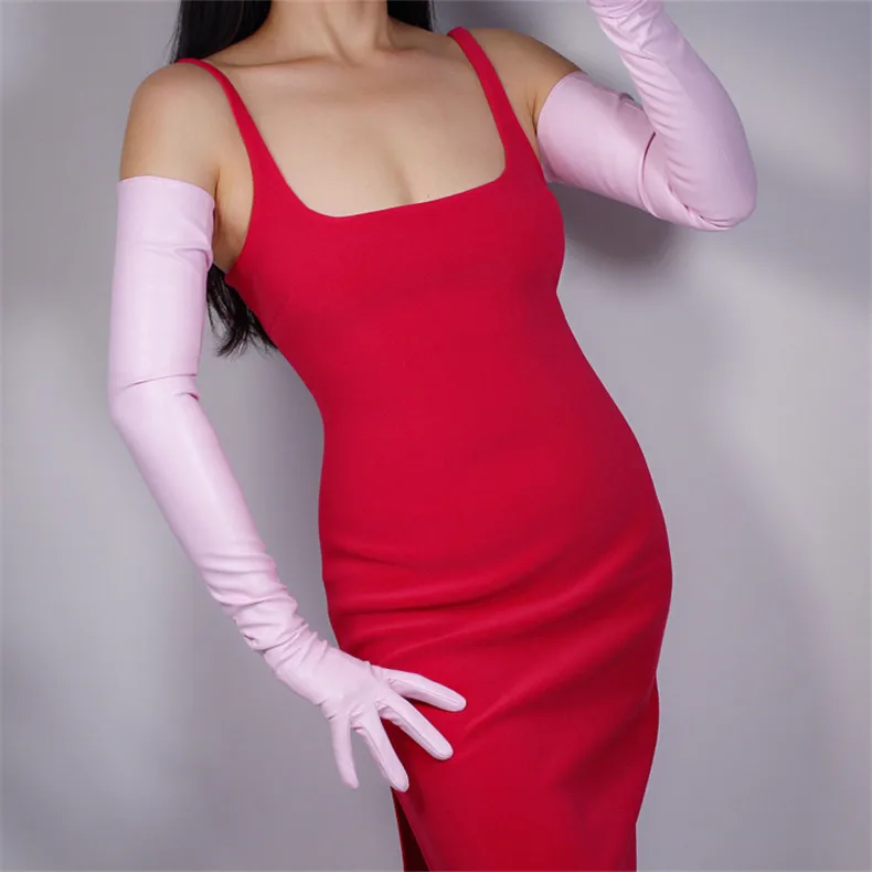 Newest Women PU Gloves Loose Long Faux Leather Glove 90cm Big Sleeve Amulation Sheepskin Light Pink Female WPU308 Newest Women PU Gloves Loose Long Faux Leather Glove 90cm Big Sleeve Amulation Sheepskin Light Pink Female WPU308