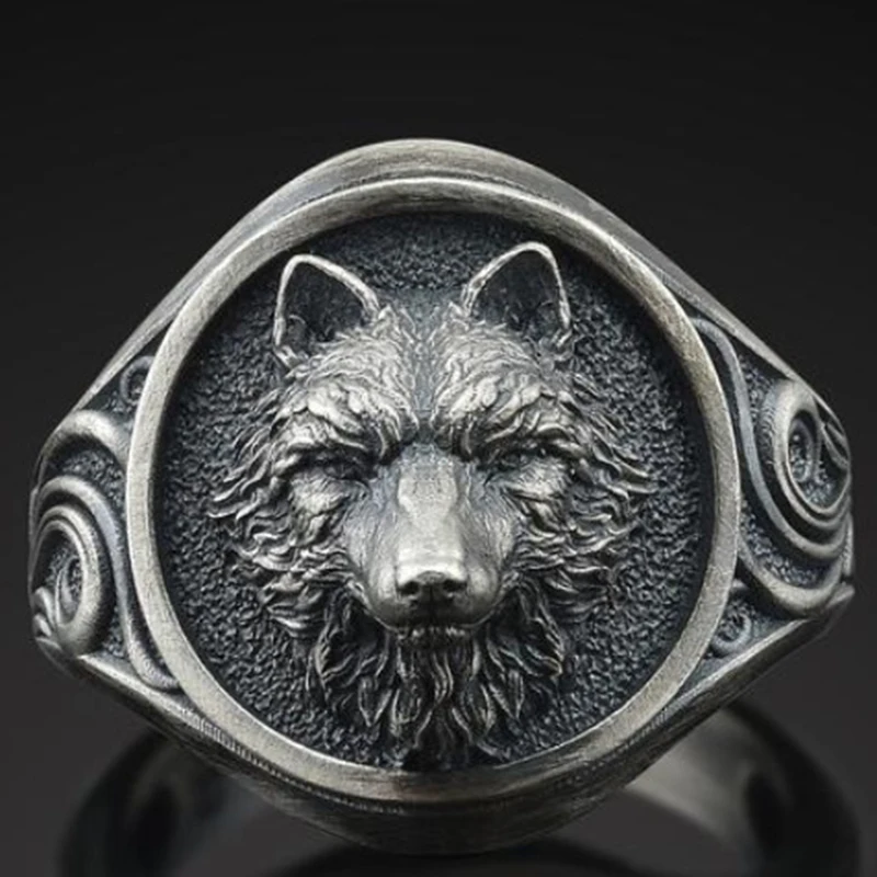 Vintage Men Signet Ring Stainless Steel Carbon Fiber Wolf Totem Soldier Jewelry