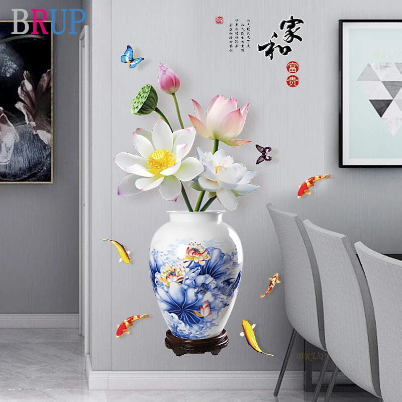 Vase Wall-Stickers Flower Room-Decoration Bedroom Living-Room Pvc Vinyl Chinese-Style