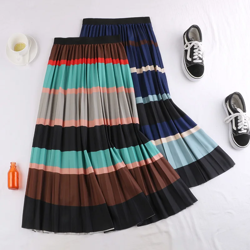 Зимняя Гибкая эластичная юбка миди с высокой талией, плиссированная юбка в полоску для женщин, винтажные женские юбки saia saias faldas falda