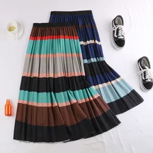 Зимняя Гибкая эластичная юбка миди с высокой талией, плиссированная юбка в полоску для женщин, винтажные женские юбки saia saias faldas falda