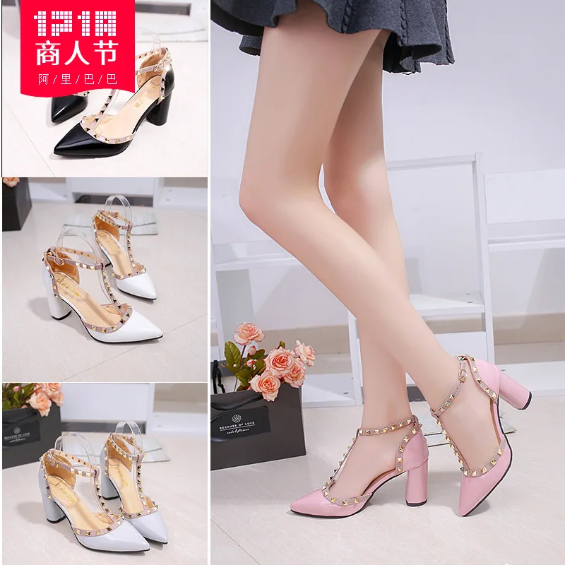 

2018 Summer Korean-style T-type Belt T Shaped-Buckle Rivet Pointed High Heels Chunky-Heel Outer Wear Sandals Women's