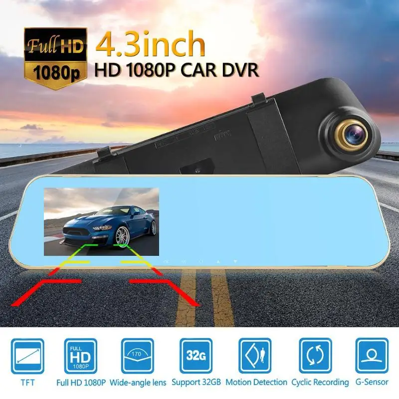 T103B 4,3 дюймов HD 1080P DVR Автомобильная камера рекордер циклическая запись Dash Cam камера заднего вида Para Авто Цифровой видеорегистратор