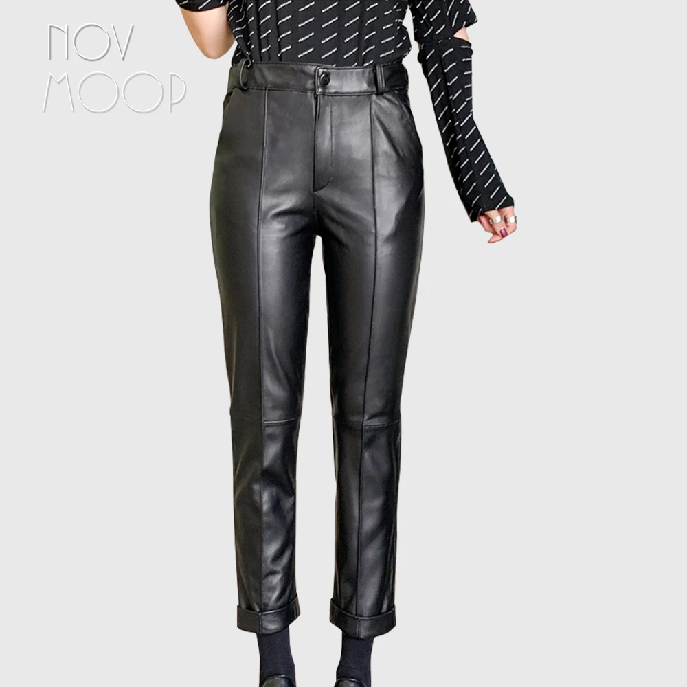 Novmoop/корейский стиль; черные узкие брюки с высокой талией и длиной до щиколотки из овечьей кожи; брюки-карандаш из натуральной кожи; pantalones mujer pantolon LT2899