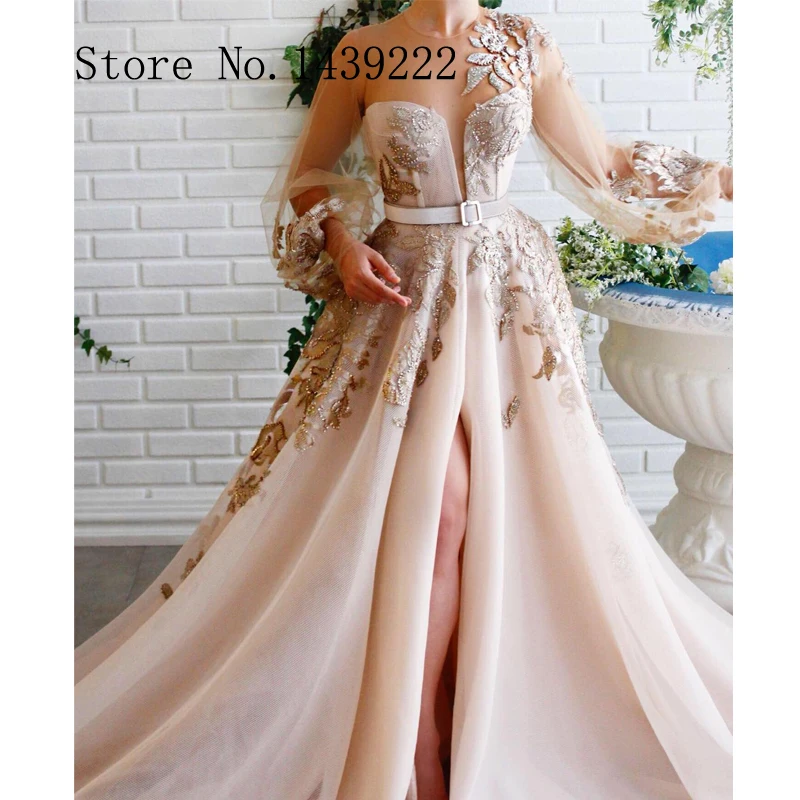 Golden lace Appliques Evening Dresses High Slit Prom Beads O Neck Tulle Arabic Vestidos De Fiesta De Noche Robe De Soiree Plus