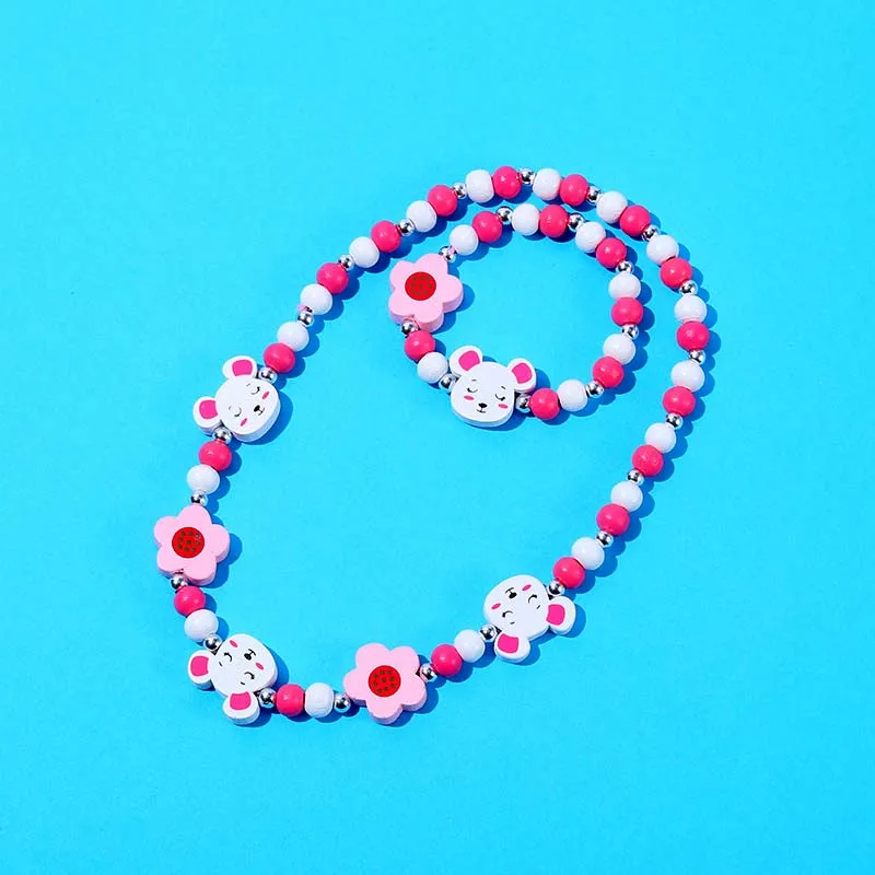 Charming Cartoon Animal and Flower Jewelry Set for Kids - Adorable Sweater Necklace and Bracelet Gift