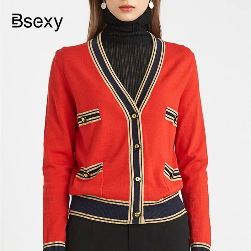 Cardigan Women Knitted Single Breasted V neck Red Short Sweater Ladies Red White KNit Top Thin Coat