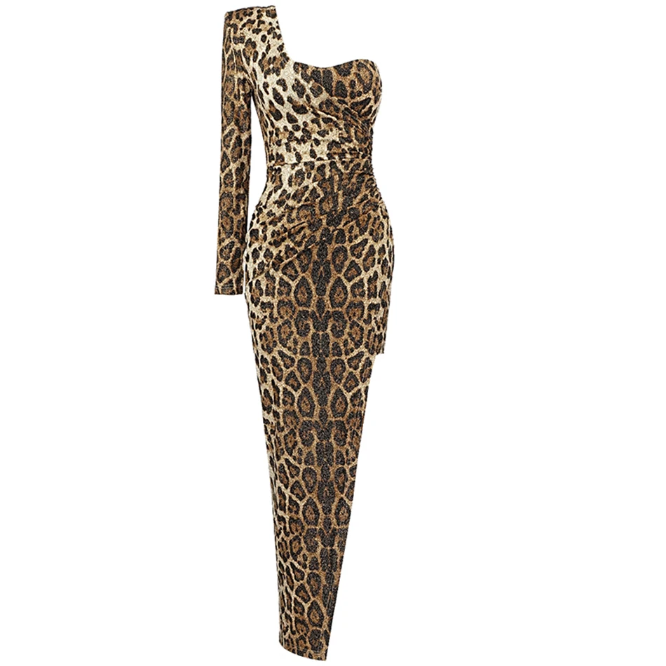 

2021 New Women'S Leopard Print Bright Glittering Gold Powder Sexy One-Shoulder Long-Sleeved High-Slit Tight Dress Fashion Party
