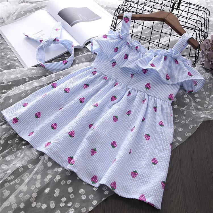 

2019 Summer New Style Girls Strawberry Strapped Dress with Hair Bands Children off-Shoulder Beach One-piece Dress