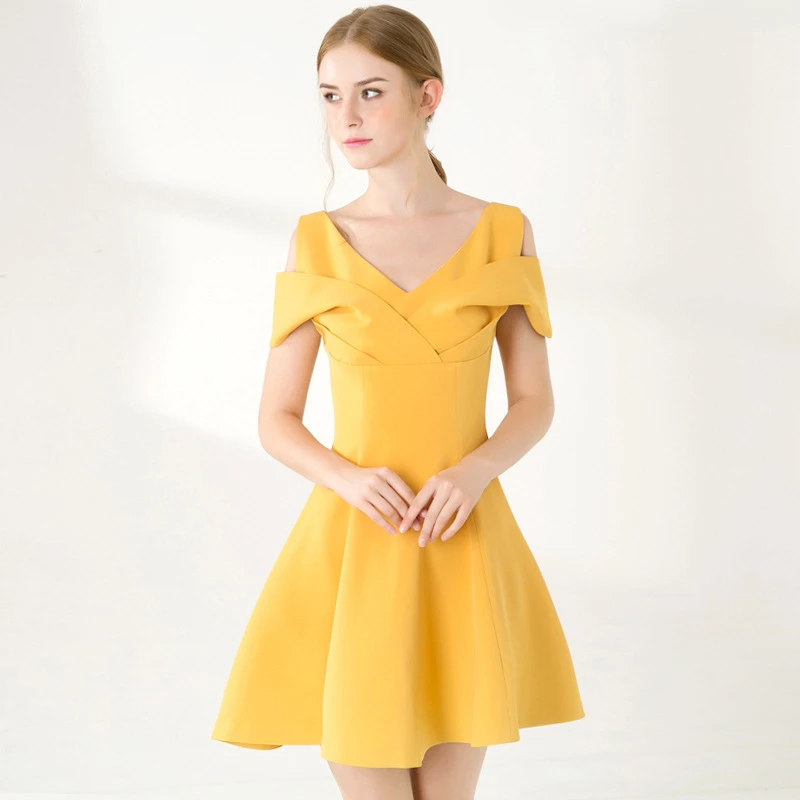 

Women's Dress Summer New Elegant Temperament Dress Yellow Female High Waist Off Shoulder Slim A-line Dress Wedding Banquet Dress