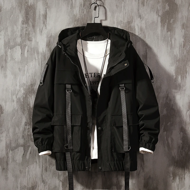 Dropshipping Streetwear Spring Man Safari Style Jacket Mens Harajuku Black Windbreaker Jackets Male Pockets Oversize Jacket