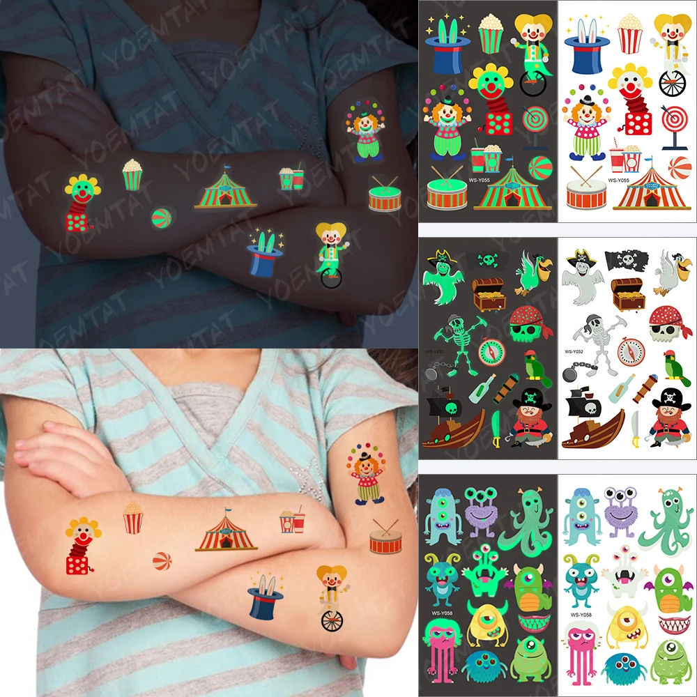 

Luminous Waterproof Temporary Tattoo Sticker Children Acrobatic Show Clown Cute Glowing Tatoo Kid Body Art Arm Leg Fake Tatto