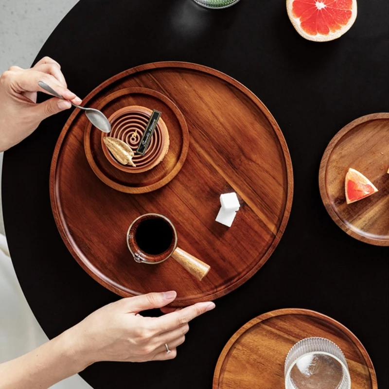 Wood Serving Tray Round Shaped Storage Trays Dessert Dinner Breads Fruit Snacks Food Display Dishes Tea for Kitchen | Дом и сад