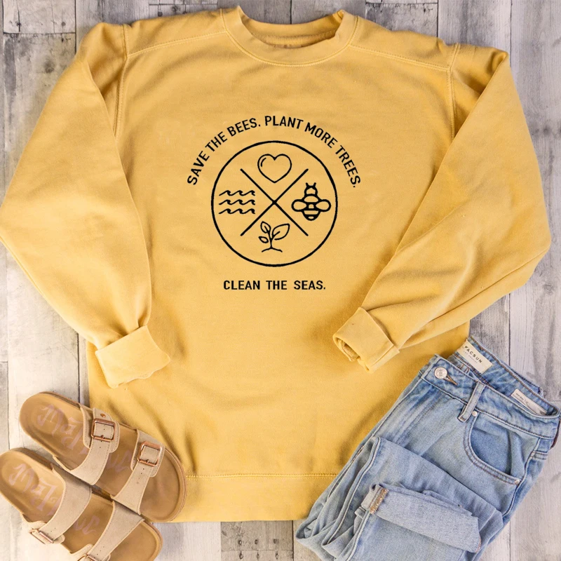 

Save The Bees Plant More Trees Sweatshirt Clean The Seas Women Clothing Harajuku Aesthetic Casual Jumpers Girl Outwear Drop Ship