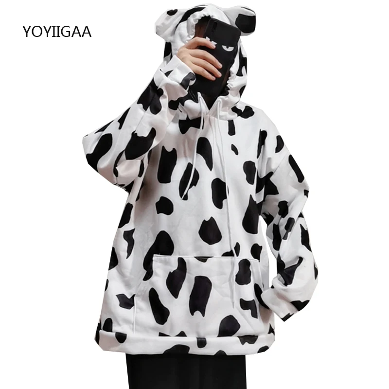 Cow Print Women Hoodies Autumn Long Sleeve Female Hoodies Sweatshirts  Oversize Women Hooded Top Thick Fashion Lady Hooded Hoodie