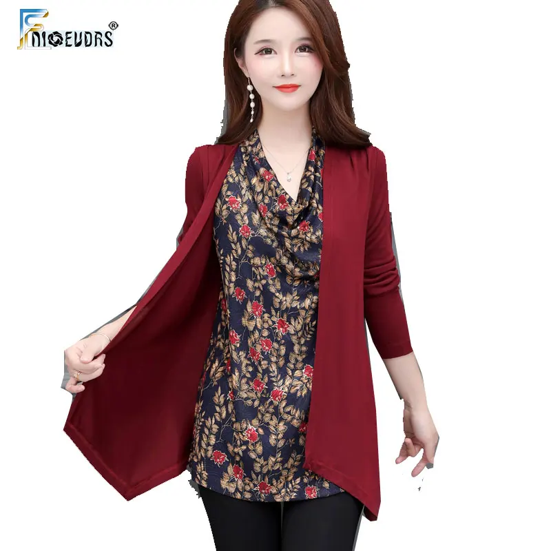 

Autumn Winter Basic Shirts Blouses Women Fall Design Draped Design Elegant Office Lady Vintage Floral Tunic Top Faux Two Piece