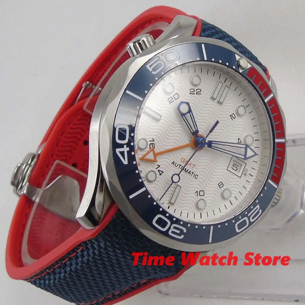  Bliger 41mm GMT 3804 automatic wrist watch men waterproof Luminous white dial date blue red ceramic