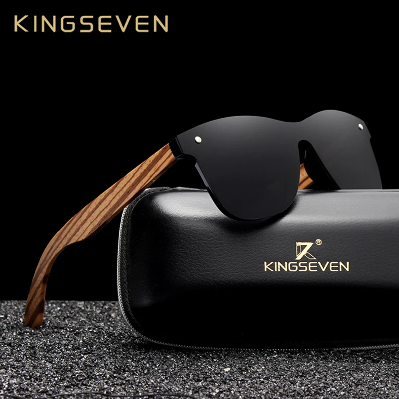 KINGSEVEN 2021 Polarized Square Sunglasses Men Women Zebra Wooden Frame Mirror
