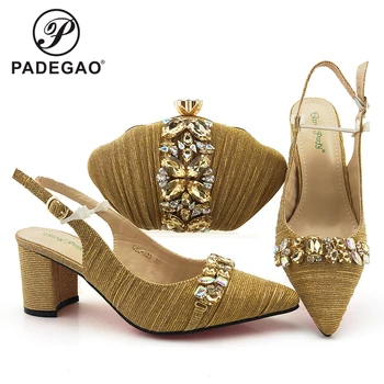 

Fashionable New Coming Nigerian Women Shoes Matching Hand Bag in Golden Italian Lady Shoes and Bag Set with Crystal