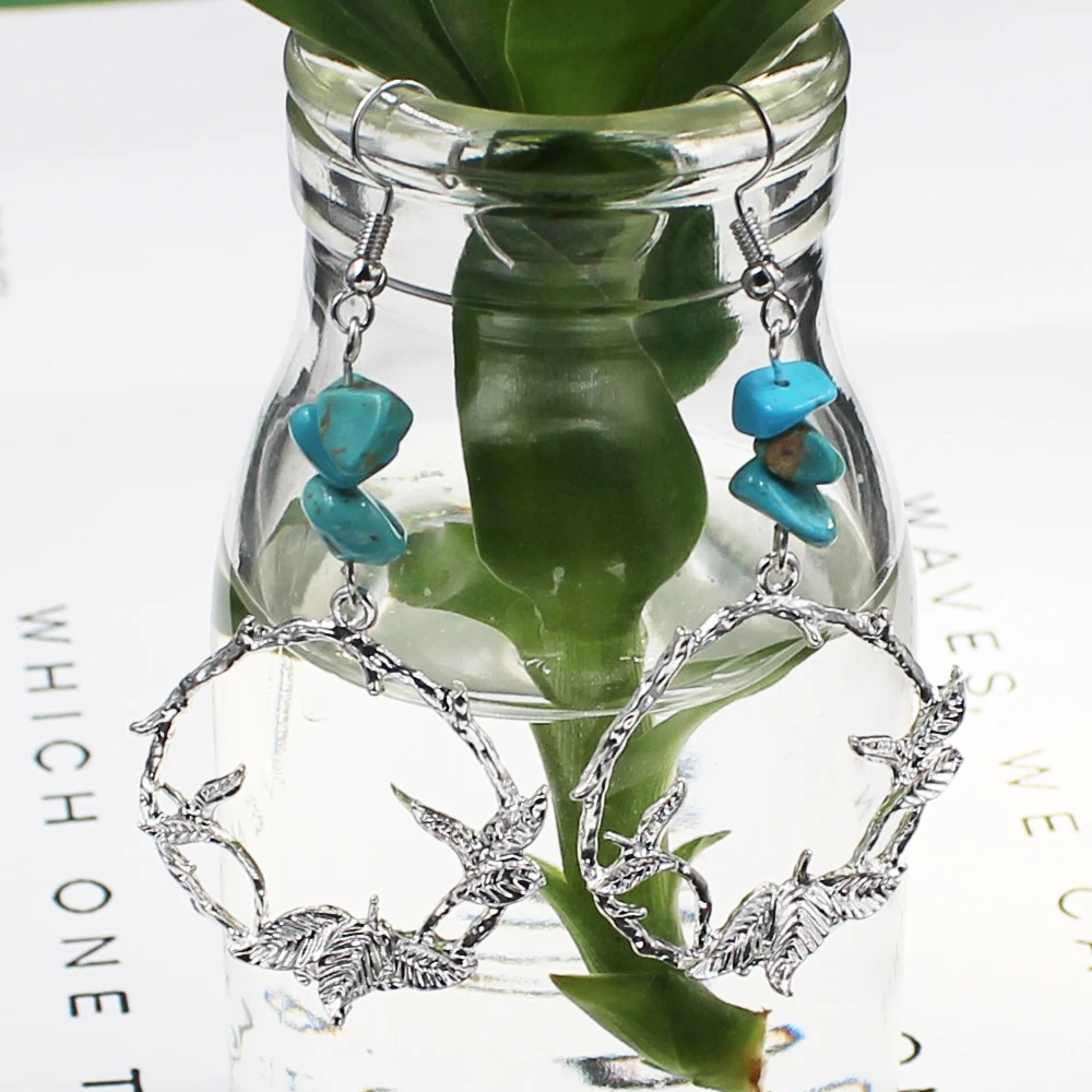 

Long Earrings for Women 2019 Vintage Natural Stone Turquoises Bead Silver Color Alloy Leaf Drop Earring Fashion Jewelry