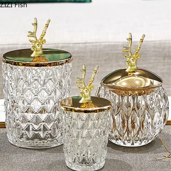 

Glass Sealed Storage Jar Golden Deer Head Cover Spice Jars Ornaments Seasoning Crystal Moisture-proof Container Candy Jar