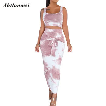 

Tie Dyeing Summer Women Set Matching Sets Woman Two Pieces Outfits White Party Sets Crop Top And Bodycon Skirt Set Two Piece Set