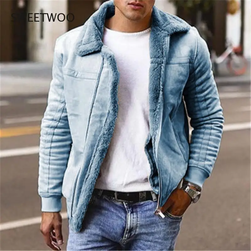 

Winter Men's Jacket Frosted Velvet Pure Color Pu Jacket Thicken Top Fashion Plush Lapel Zipper Closure Jacket