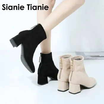 

Sianie Tianie 2020 winter warm stretch ankle boots classic women chunky high heels shoes boots with zipper ring big size 42 43