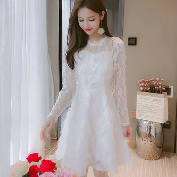 

2020 Autumn Feather Tassel Lace Women Dress Crew Neck Middle Waist A-Line Zipper Midi Female Sexy Elegant Korean Style Clothing