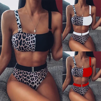 

2020 New Sexy Leopard Patchwork Bikini Women Tank Top Swimsuit Waist Band Bathing Suit S-L Girl High Waist Swimwear Bikini Set