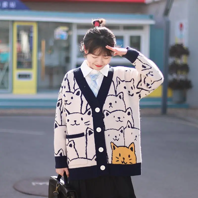 

Винтажный Кардиган, Свитер оверсайз, новый мультяшный вязаный свитер в японском стиле Харадзюку, пуловер в стиле хип-хоп, уличная одежда, свободные трикотажные топы