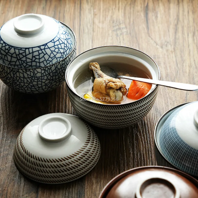 Japanese Creative 4.5-inch 6.5-inch Ceramic Soup Bowl with Lid Blue and White Porcelain Rice Bowl High Quality Stew Soup