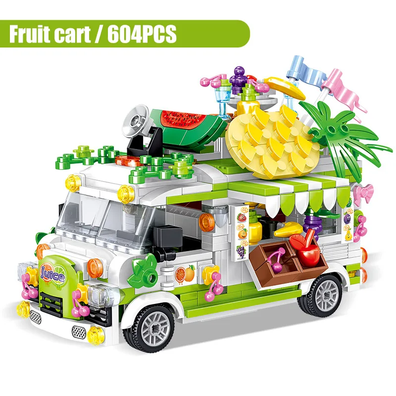 New MIni Movable Food Trucks Fruit Dessert Ice Cream Cake Sushi Burger Cars Building Blocks Stitchin Toys Girl Birthday For | Игрушки и