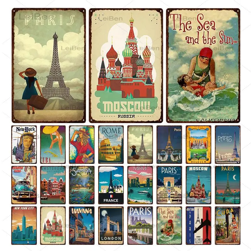Знаменитая винтажная металлическая жестяная вывеска для путешествий в городе