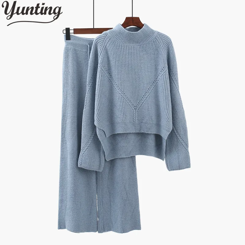 

Knitted Women 2 Pieces Pant Sets 2019 Autumn Winter New Thicken Solid Warm Sweater and Wide Leg Pant Suits