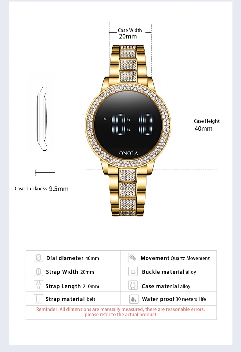 Fashion full diamond touch screen Led display ladies waterproof steel band quartz movement electronic watch business watch