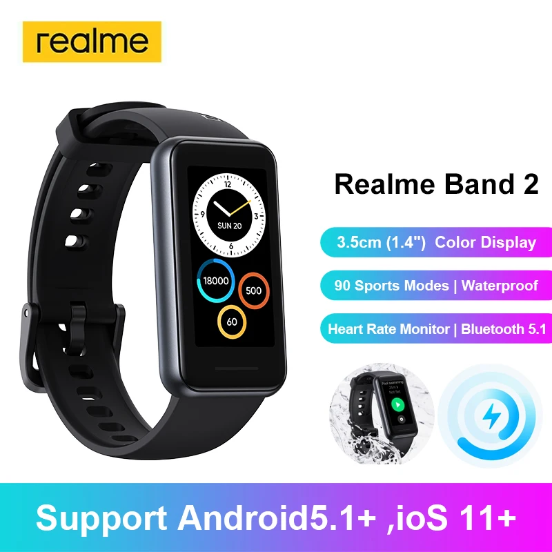 

Realme Band 2 Smart Band 90 Sports Modes Waterproof 3.5cm (1.4")Large Colour Display heart rate Support Android5.1+ ioS 11+