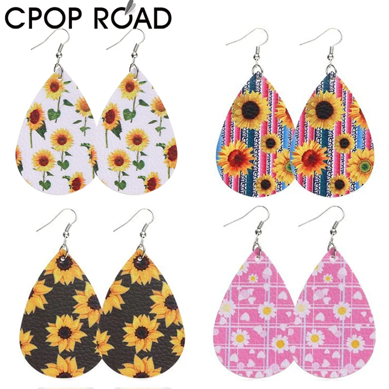 Cpop Double-side Faux Leather Earrings for Women Sun Flower Print Pendant Water Drop Fashion Jewelry Accessories Gift | Украшения и