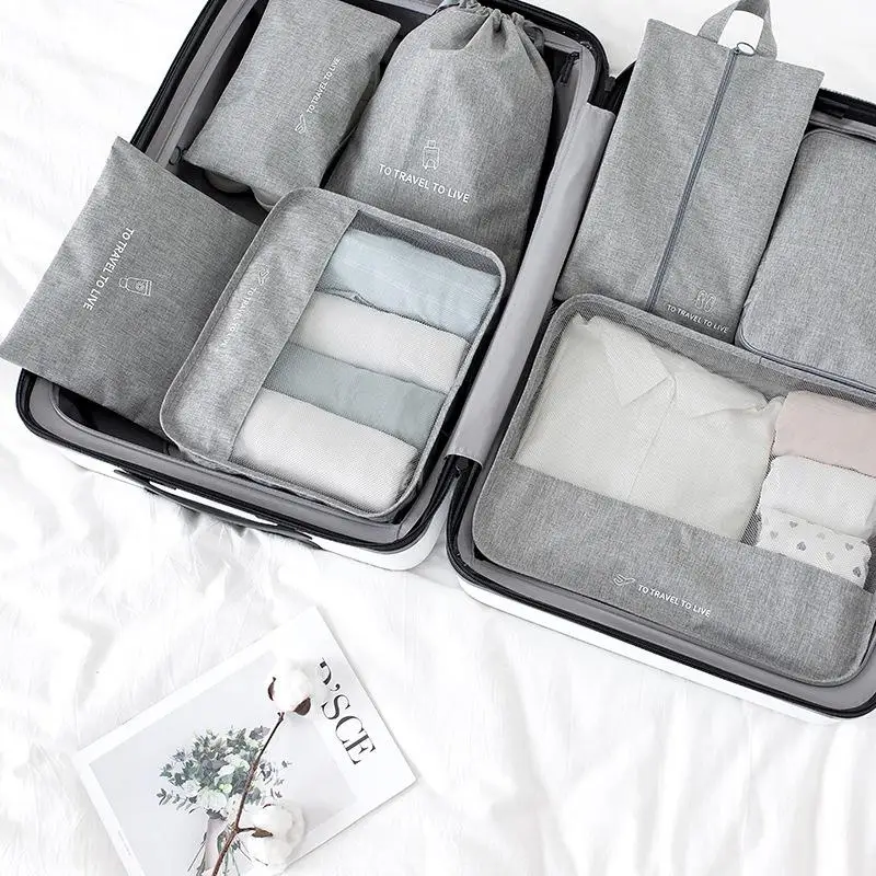 New Seven-piece Solid Color Travel Storage Bag Large Capacity Multi-function Classification Storage Bag Clothes Underwear Bags - Цвет: Gray