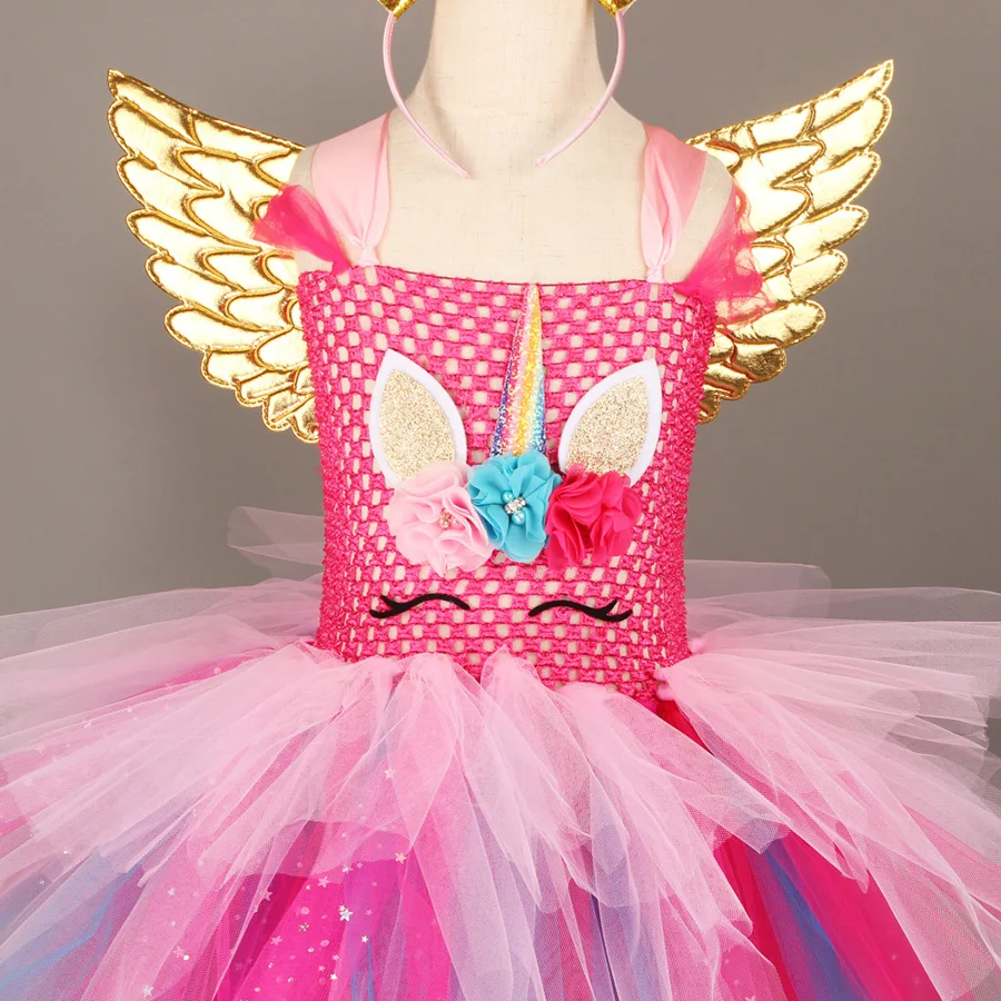 Layered Flower Girl Unicorn Tutu Dress with Headband Wings Sequins Birthday Party Halloween Cosplay Tutu Dress up Unicorn Costume (14)