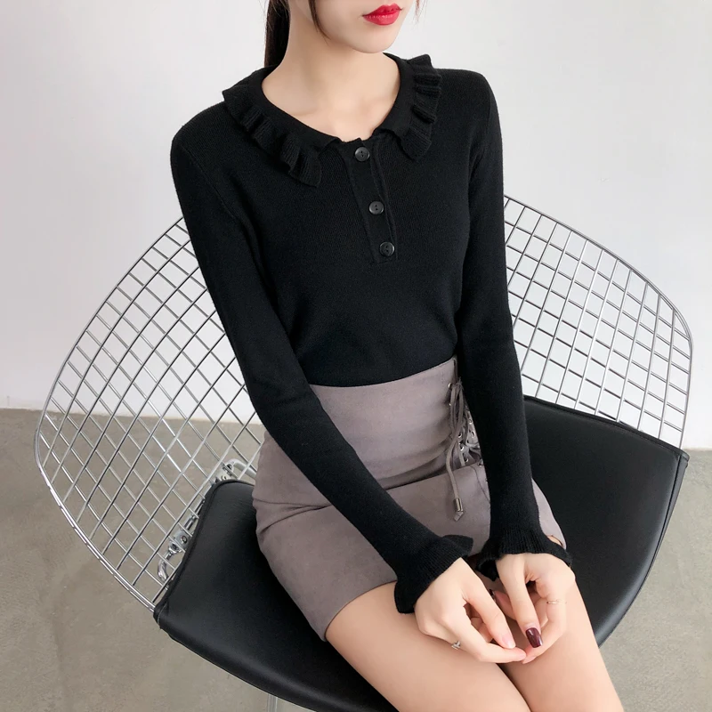 2019 Women Flare Sleeve Ruffles Sweaters Winter elastic Slim Ladies knit Soft Pullovers female Tops fashion jumpers cardigan for women