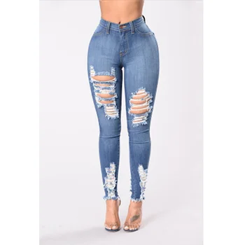 

Broken Hole Patchwork Stylish Snake Pattern Embroidery Blue Denim Jeans