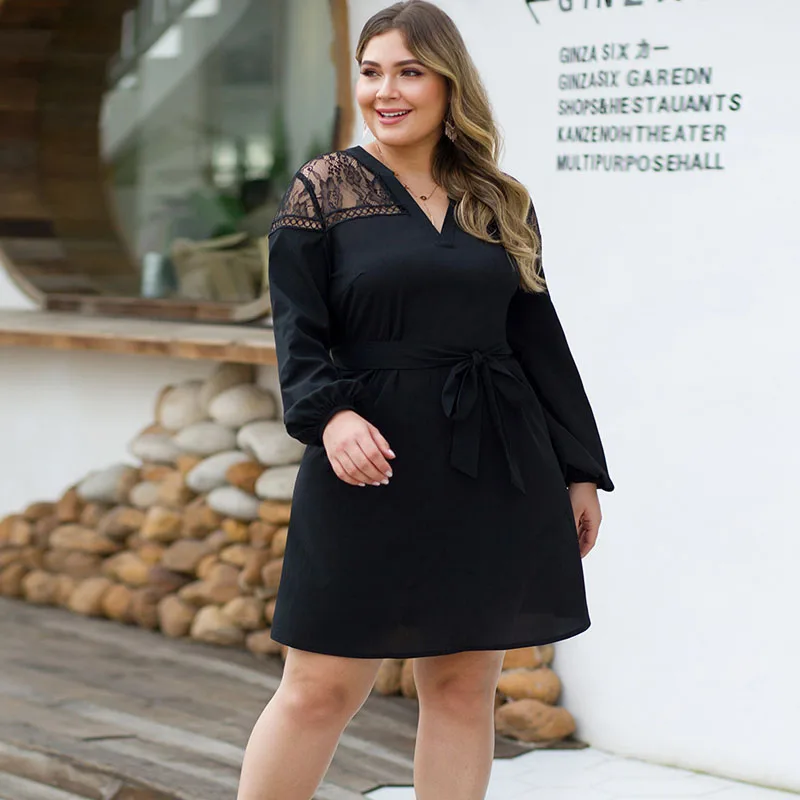 

Plus Size V Neck Black Lace Dress Lantern Sleeve Patchwork Vestidos High Waist Belt Dresses Women Elegant Party Mini Tunic Robe